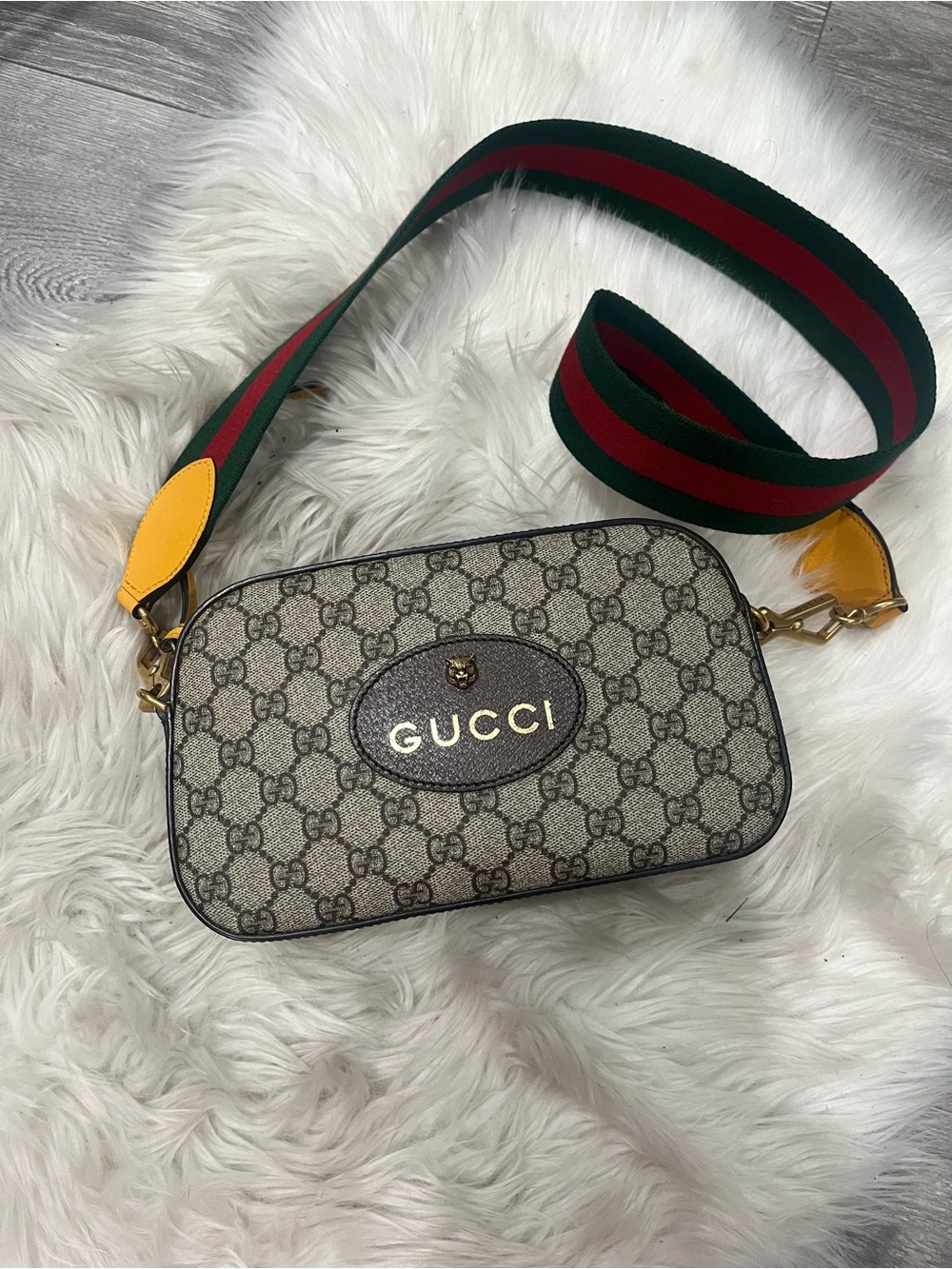 Gucci Beige GG Supreme Crossbody with Green-Red Webbing and Yellow Accents